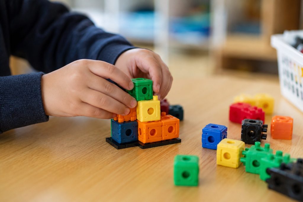 Child's hands assembling open-ended building toys that support imaginative play
