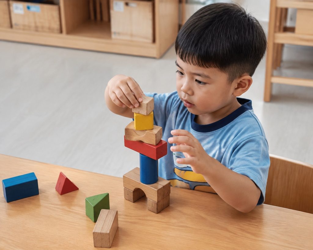 four year old independently solving building challenge with wooden block STEM toys for 4 year olds