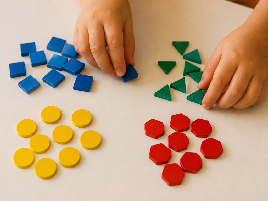 A close-up of a young child's hands sorting colorful shape tiles into groups on a classroom table, practicing early classification skills with hands-on classroom toys.