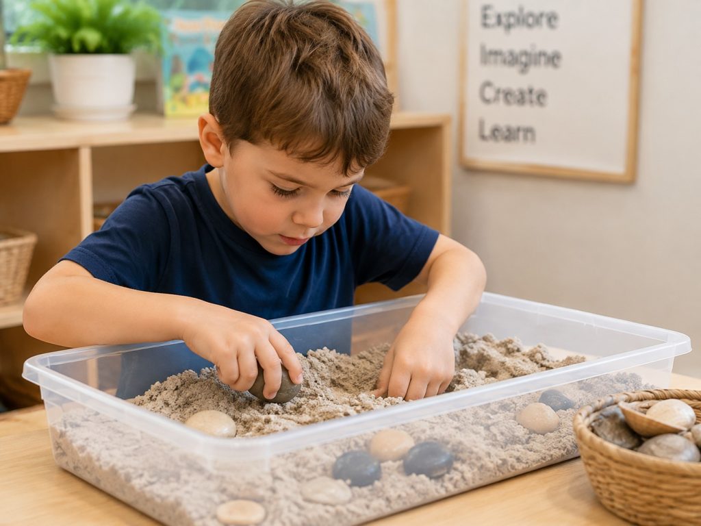 Young child using tactile sensory toys in a classroom sensory bin to develop fine motor skills and regulation
