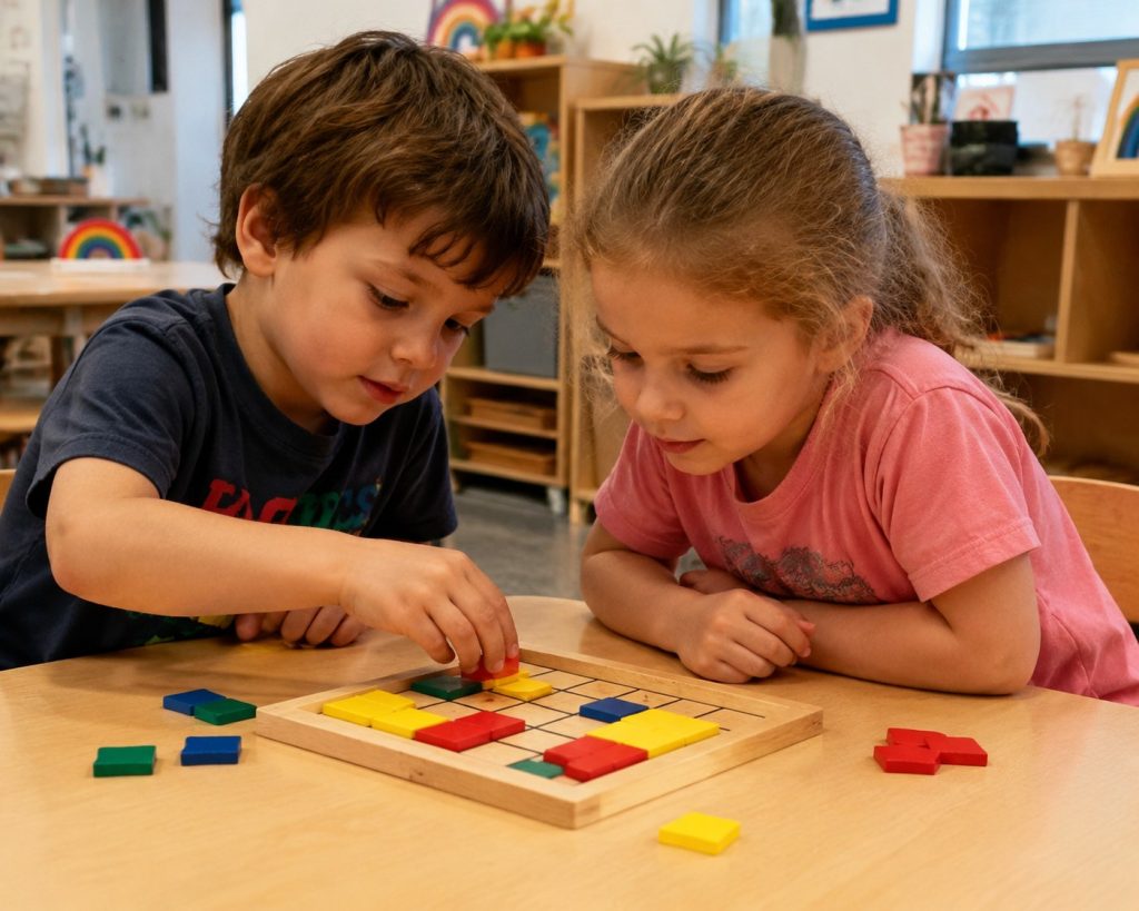 Two young children collaborating on a puzzle-based problem solving activity, supporting social and cognitive development.