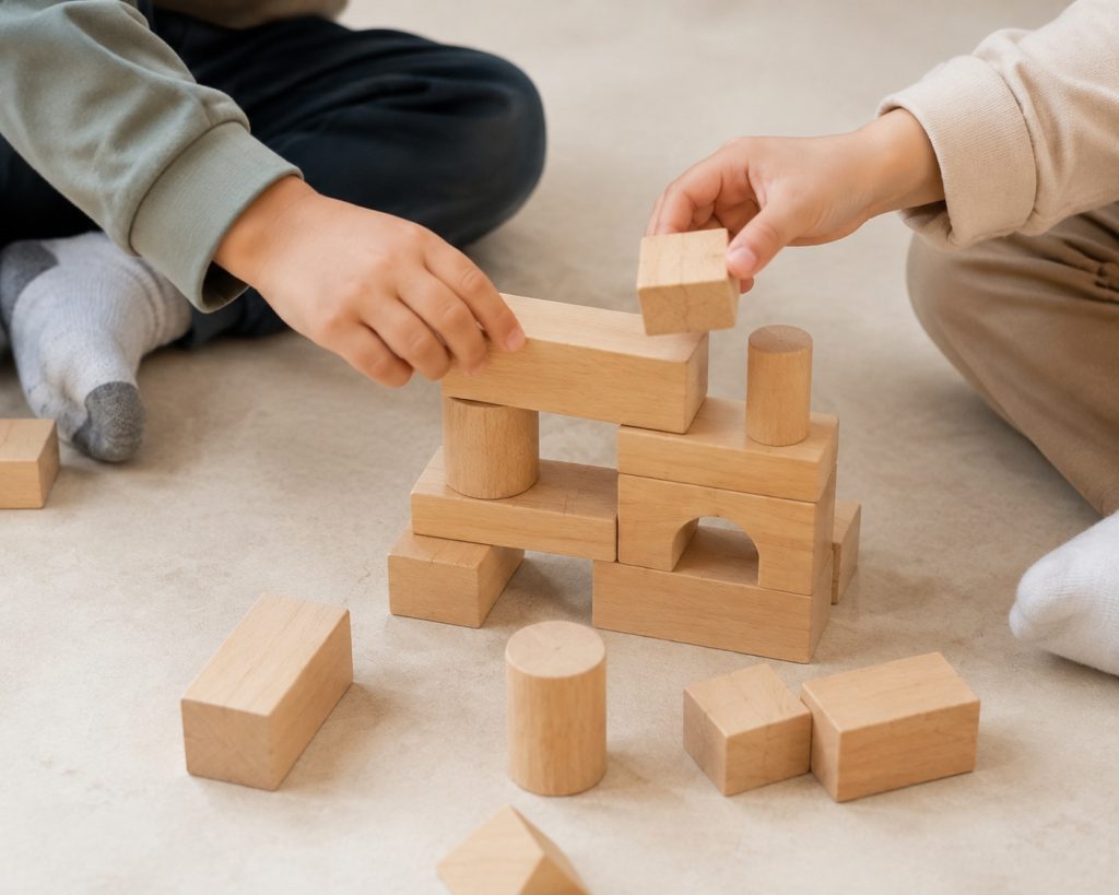 Close-up of young children's hands stacking smooth sanded wooden unit blocks on a classroom floor — a classic open-ended toy activity in early childhood education
