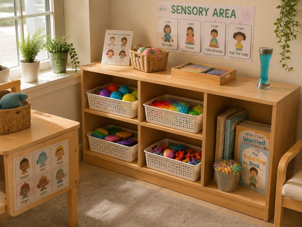 A classroom sensory corner with certified sensory toys and calming tools organized to support student self-regulation.