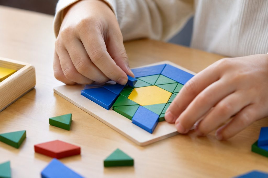 Close-up of durable geometric logic toy pieces designed for repeated classroom use.