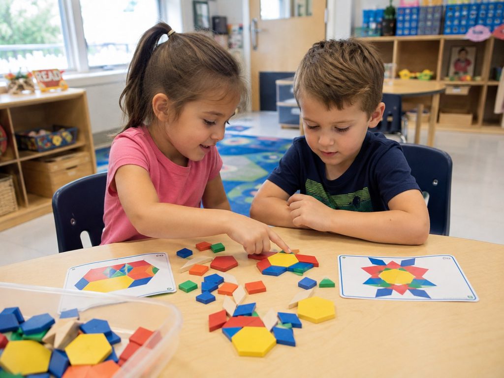 Two children playing collaboratively with educational learning toys to build patterns