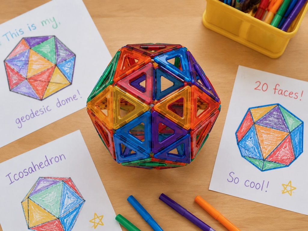 Complex3D geometric structure built with magnetic building toys alongside student geometry sketches