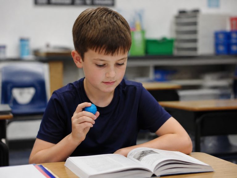 Student using a quiet tactile concentration toy at their desk during classroom reading time