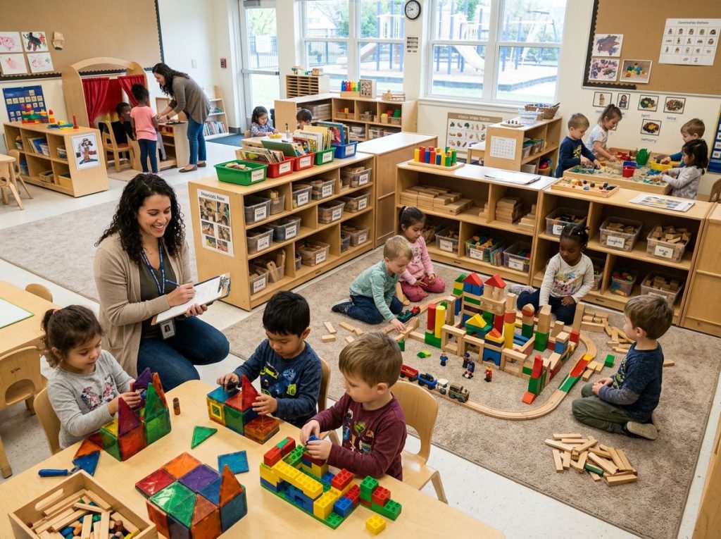 Early childhood classroom showing construction toys integrated into daily STEM learning curriculum with teacher facilitation