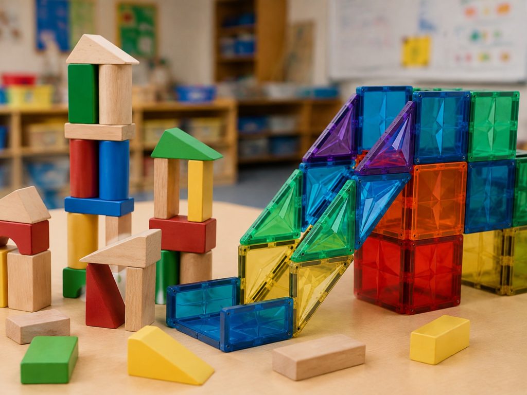Commercial-grade building toys showing durability features for kindergarten classroom use