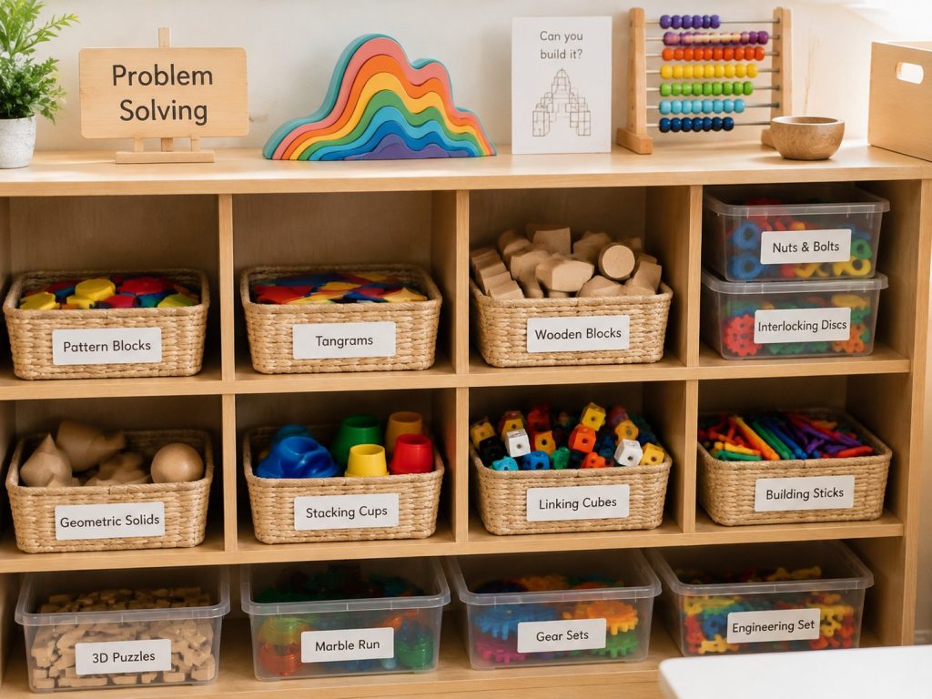 Early childhood STEM learning toys arranged on a classroom shelf, including shape sorters and building sets.