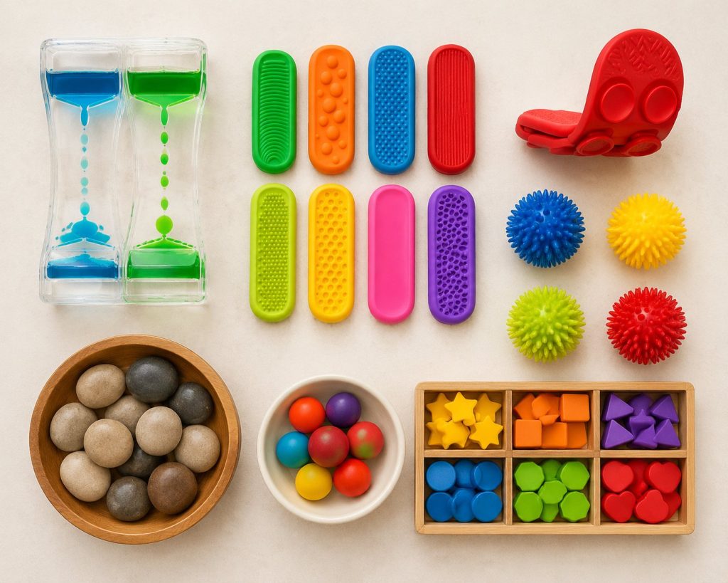 Range of educational sensory toys for classroom use including calming and alerting tools for different sensory profiles