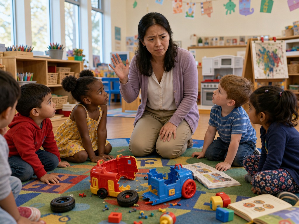 Teacher managing classroom disruption caused by broken toy parts during learning activity with young students