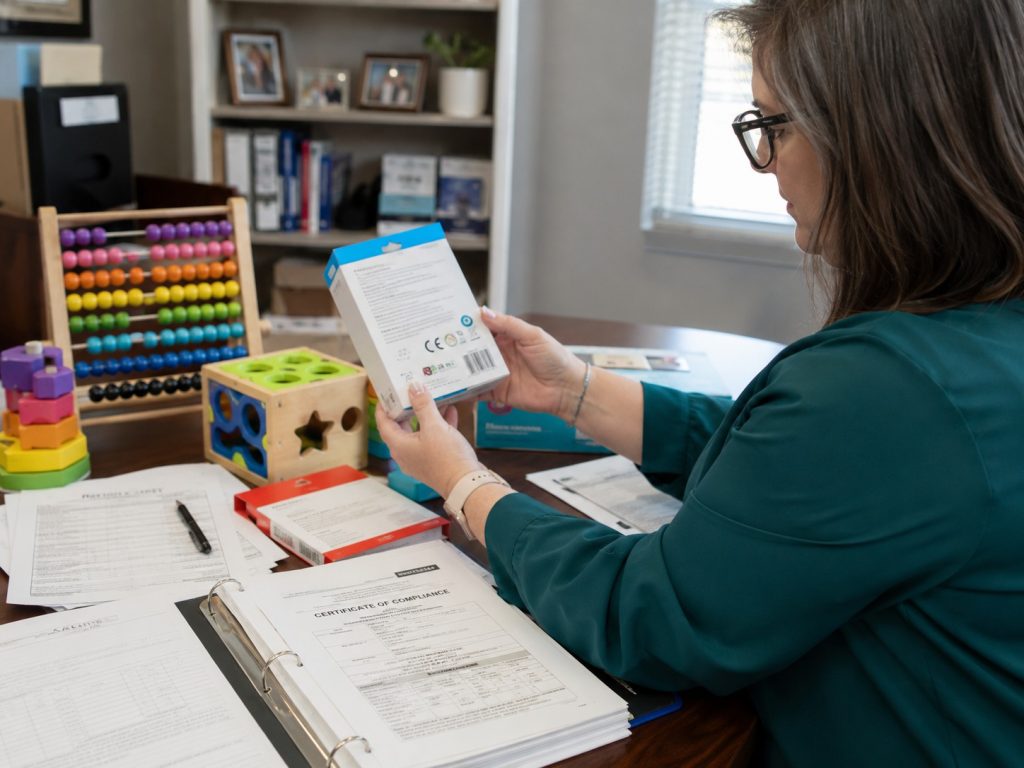 Teacher reviewing ASTM and CE safety certifications on educational toys before classroom purchase