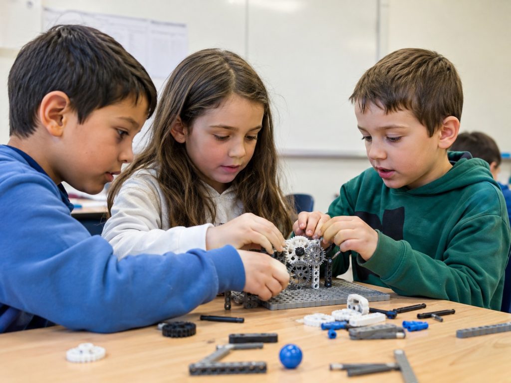 Group of elementary students collaborating on a STEM challenge with gear construction toys in a bright classroom