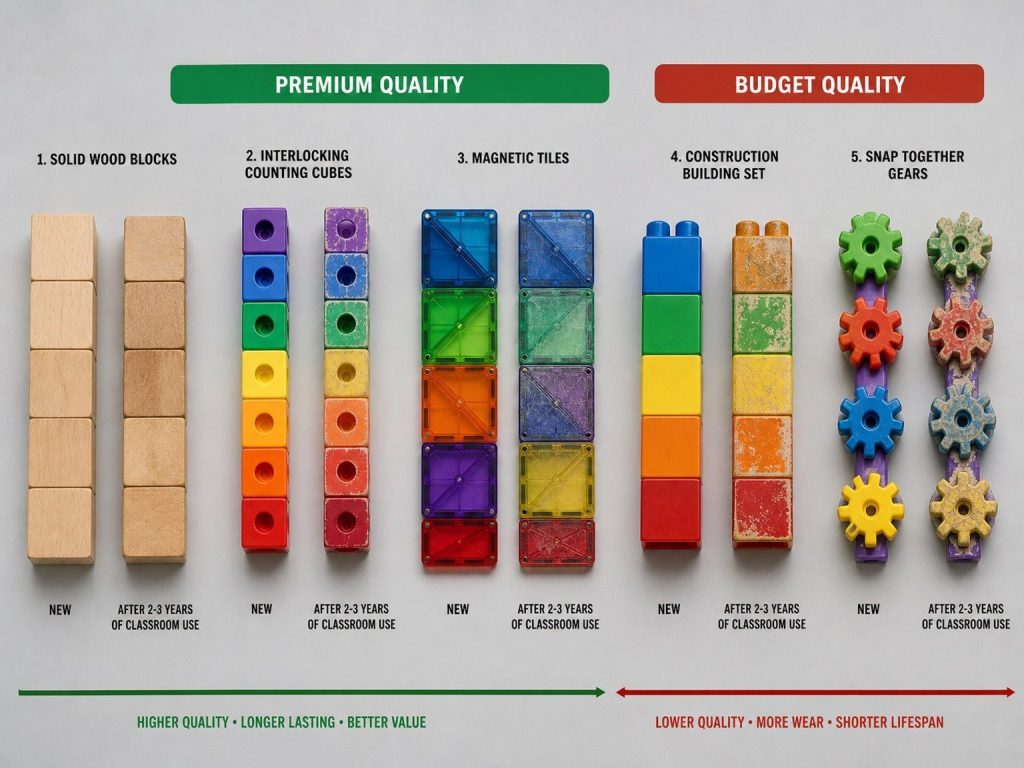 Side-by-side comparison of new and well-used educational toys showing durability differences across brands