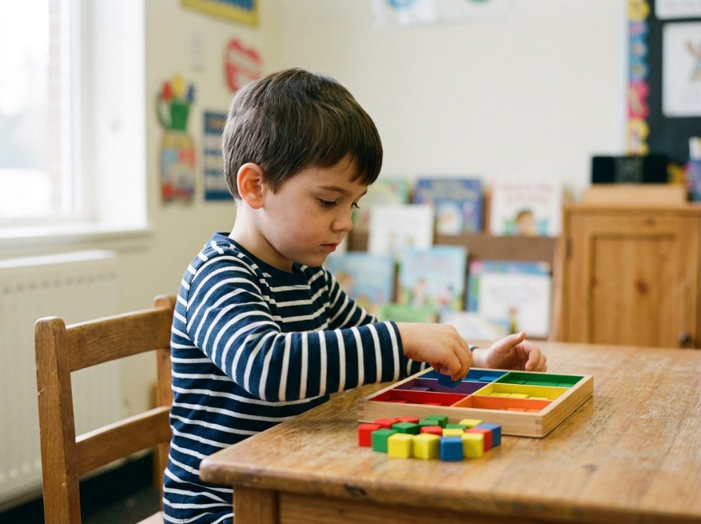 A 5 year old child focused on a sorting task with educational toys for 5 year olds, showing concentration and self-correction