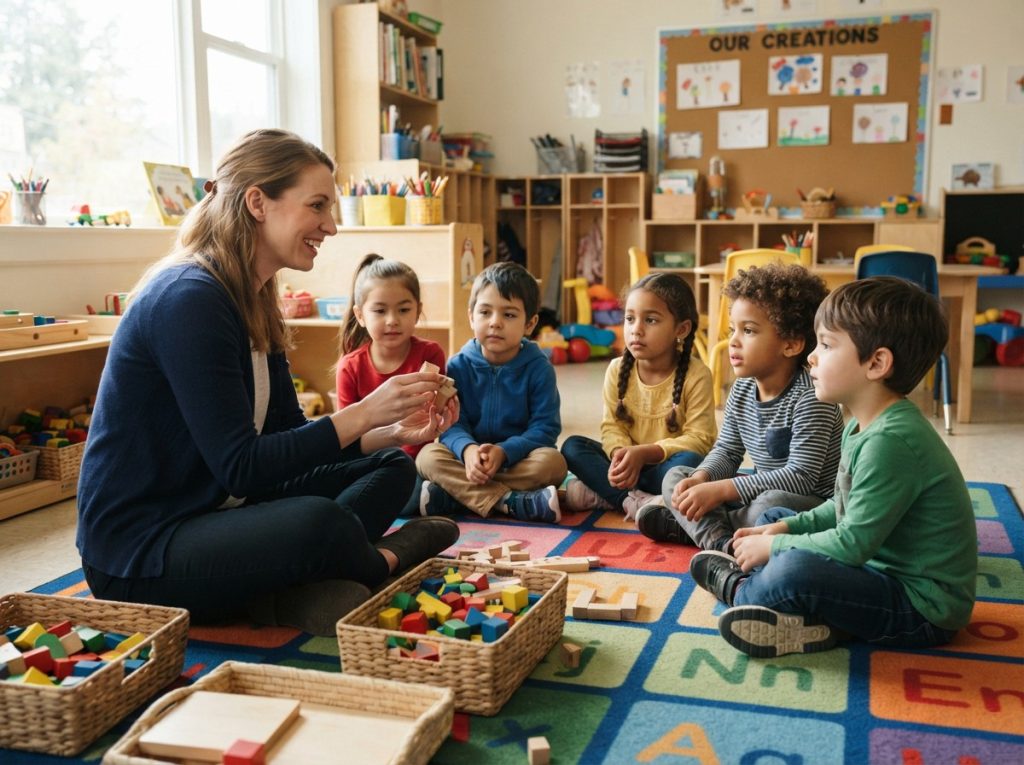 Teacher demonstrating proper use of learning toys to kindergarten students during guided introduction