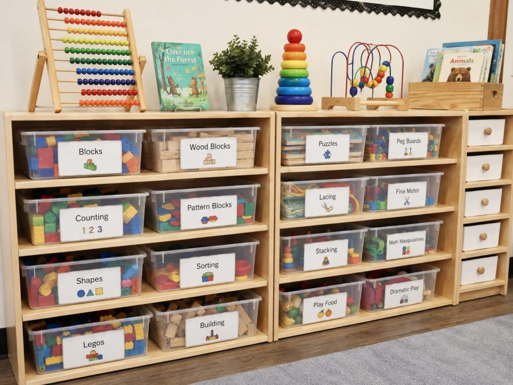 Organized classroom shelf with learning toys sorted in labeled bins for easy classroom access