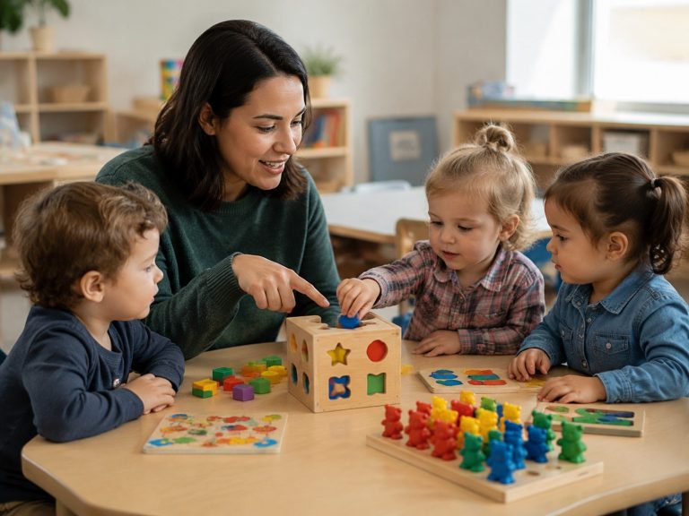 A teacher and three 3-year-olds exploring learning toys for 3 year olds together at a low classroom table with wooden puzzles and counting bears