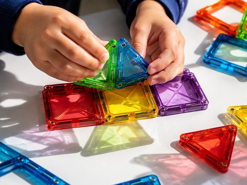 Child manipulating translucent magnetic geometric blocks to explore spatial relationships and structural design