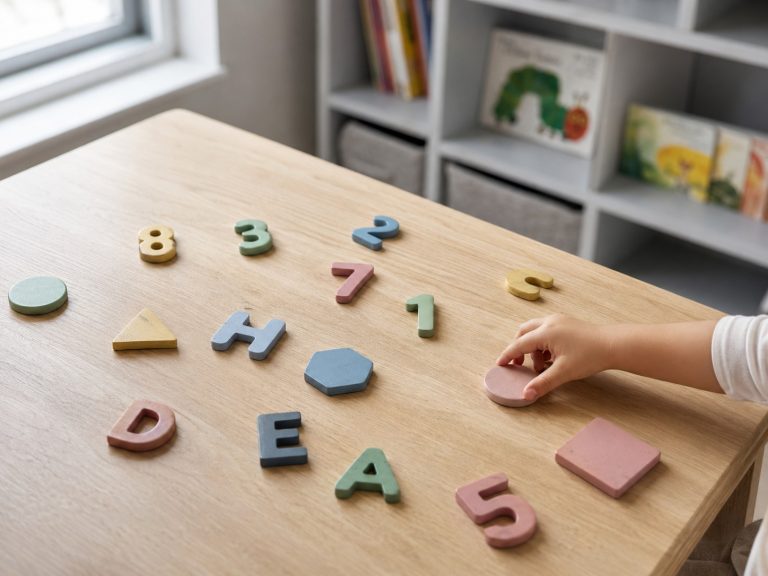colorful magnetic learning toys on a preschool classroom table with a child’s hand reaching for a shape tile, supporting hands-on early education