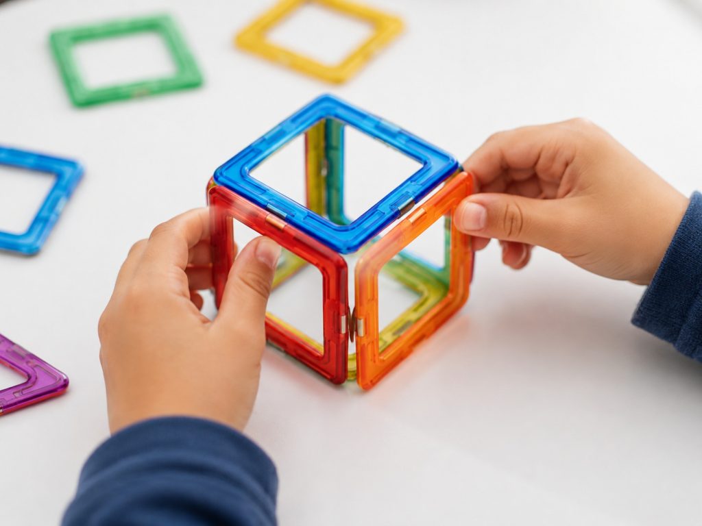 Child's hands assembling magnetic building toy panels into a cube showing edges and vertices