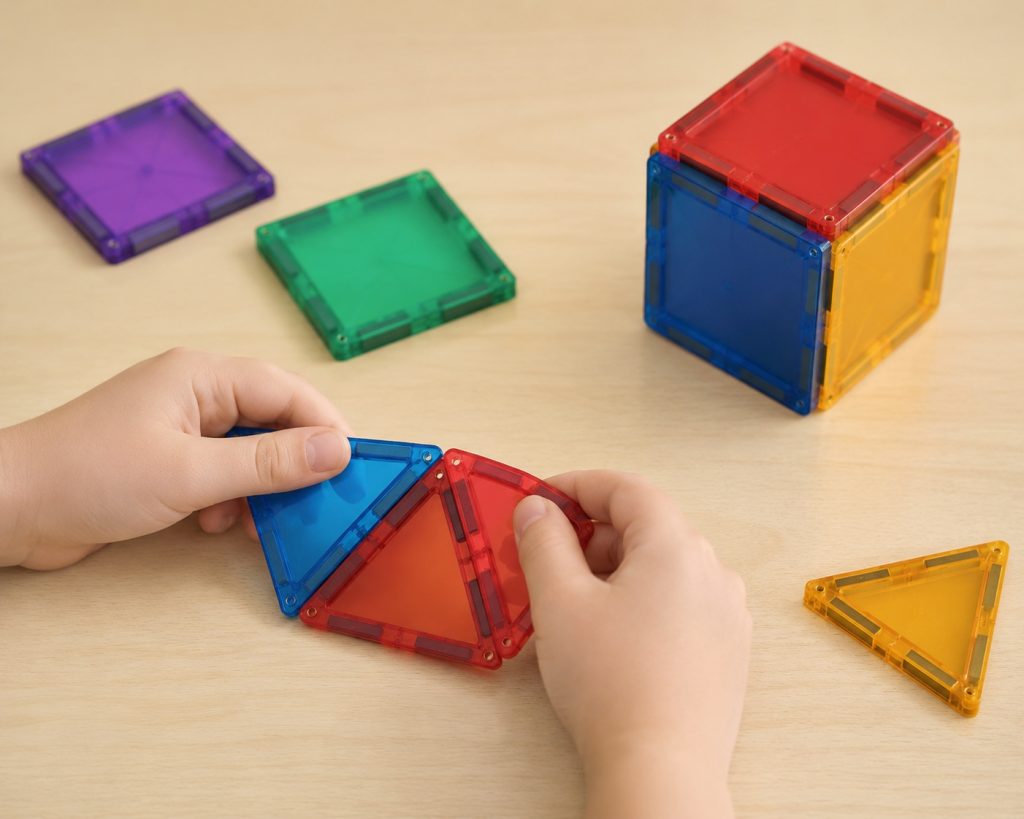 child's hands combining triangular magnetic tiles into a square, exploring basic geometry with magnetic building toys through hands-on manipulation