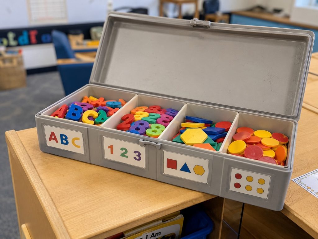 labeled storage tray with organized magnetic learning toys, designed for easy cleanup and classroom management in preschool settings