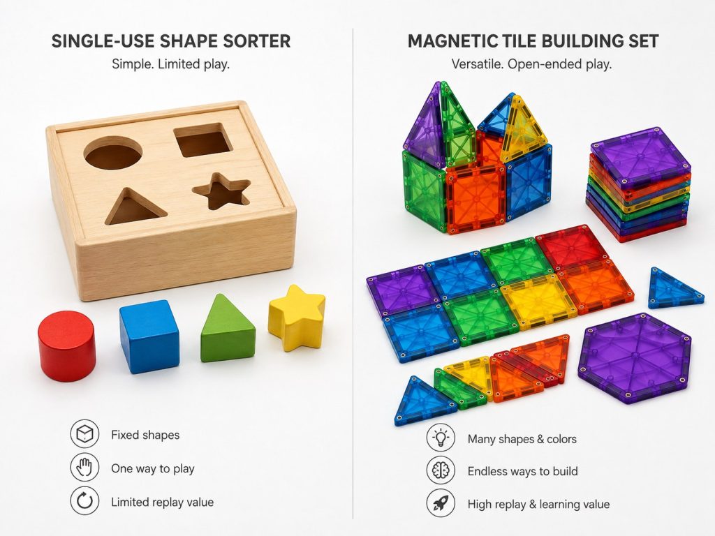 Comparison of open-ended magnetic building learning toys versus single-outcome shape sorter toys for classroom use