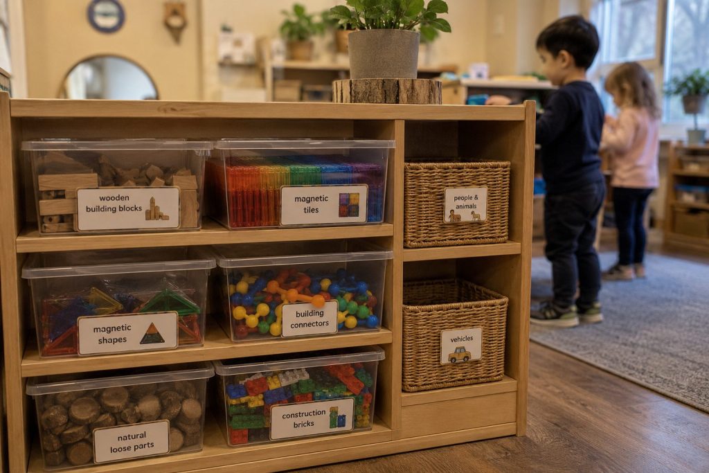 Organized classroom storage with magnetic building sets and educational toys at toddler height supporting independent access