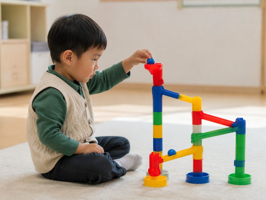 preschool child testing marble run STEM toys for 4 year olds learning cause and effect