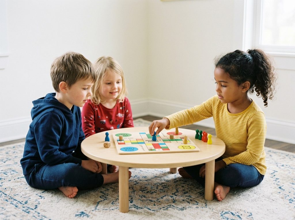 Three preschool children playing a board game together, a key category of educational toys for 5 year olds that builds social and cognitive skills