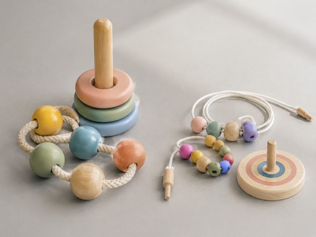 Two sets of progressive difficulty fine motor toys for 3-5 year olds, showing beginner and advanced lacing bead and ring toss sets.