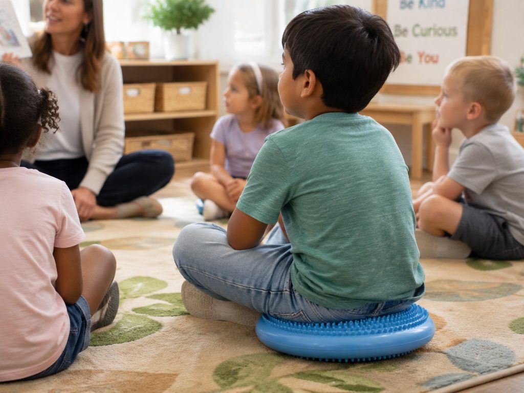 Preschool child using wobble cushion sensory toys as a proprioceptive tool during seated classroom activity