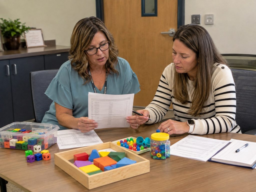 School buyer and teacher using an evaluation checklist to assess educational toys for institutional purchase