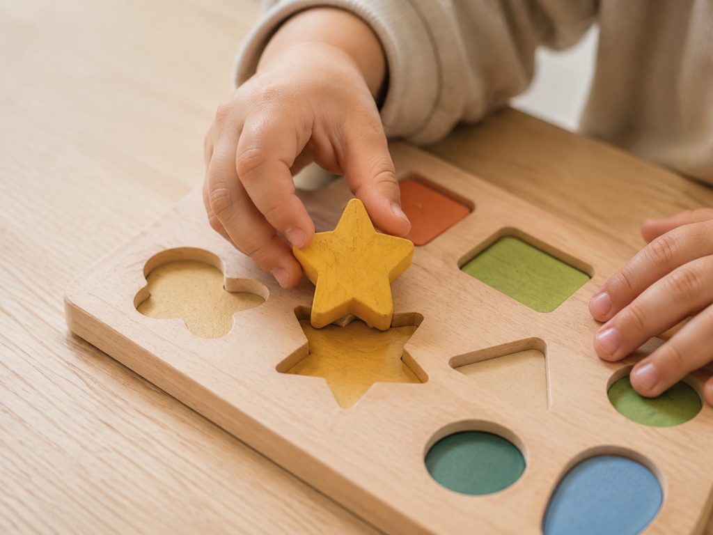 A 3-year-old child placing a wooden shape piece into a shape sorting puzzle, a classic fine motor learning toy for 3 year olds