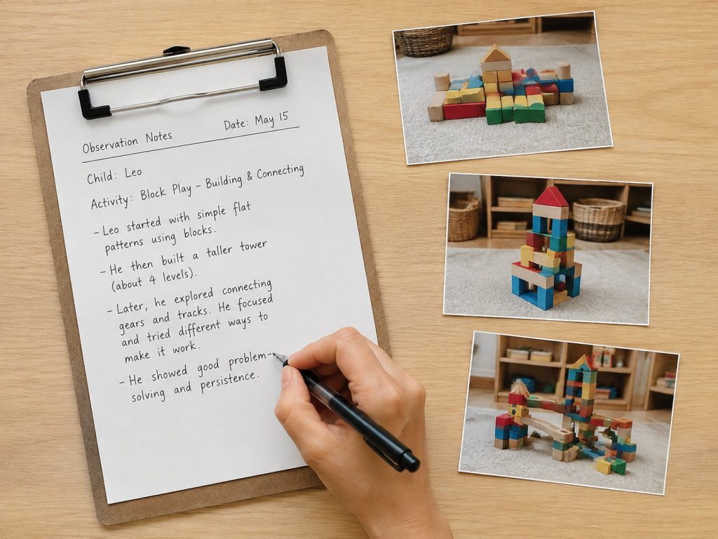 teacher documenting child progress with STEM toys for 4 year olds showing learning development