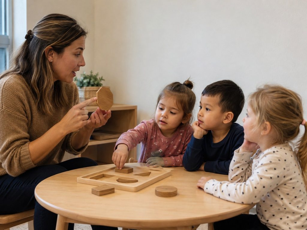 A teacher holding a geometric shape piece while guiding three preschool children through a hands-on activity using classroom toys at a small round table.