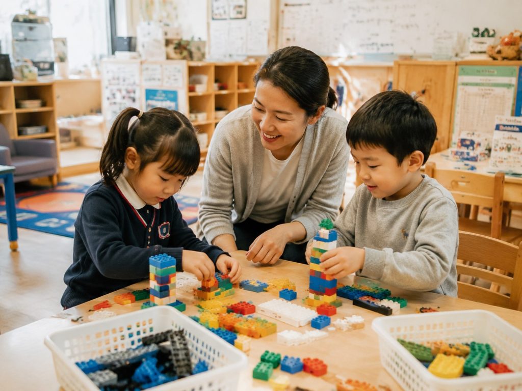 A preschool teacher observing children using problem solving toys during a group learning activity.