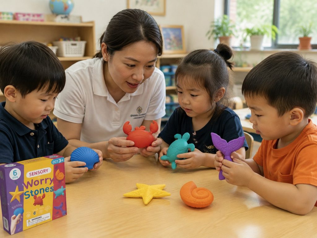 Teacher guiding students through a structured sensory activity using tactile tools to support emotional regulation.