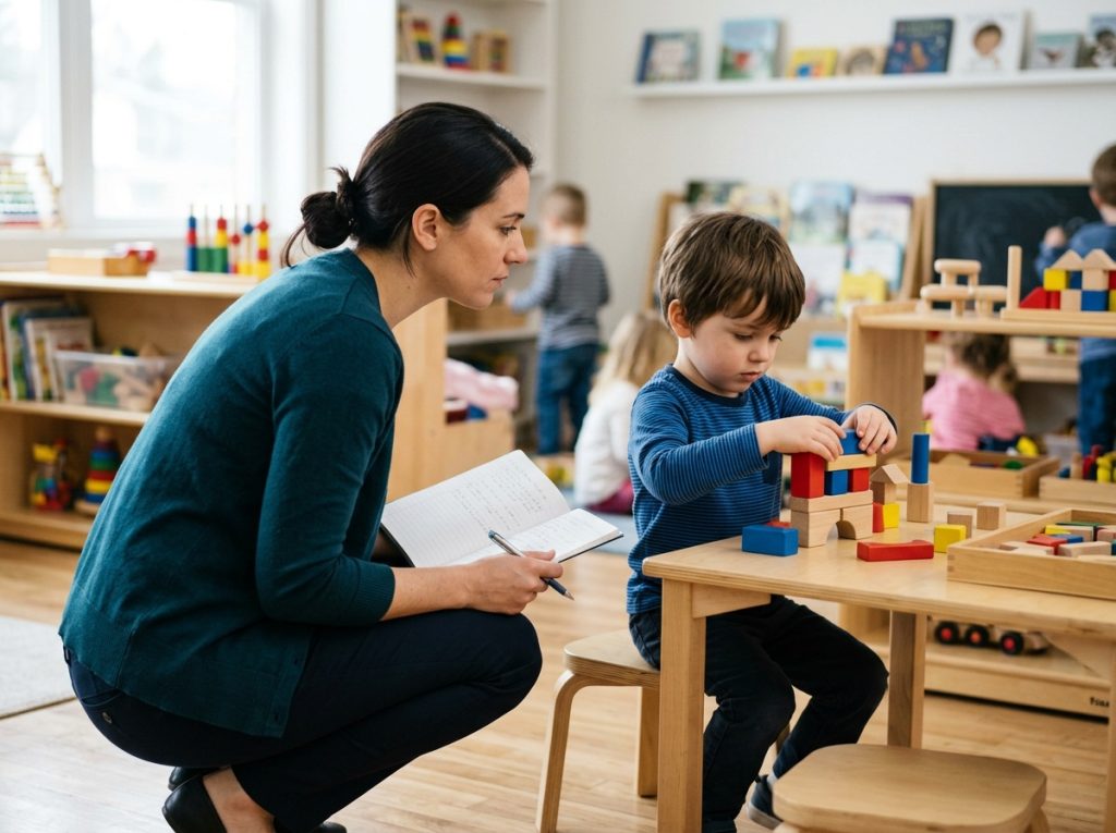 An early childhood teacher kneeling beside a child engaged with educational toys for 5 year olds, observing developmental progress during play