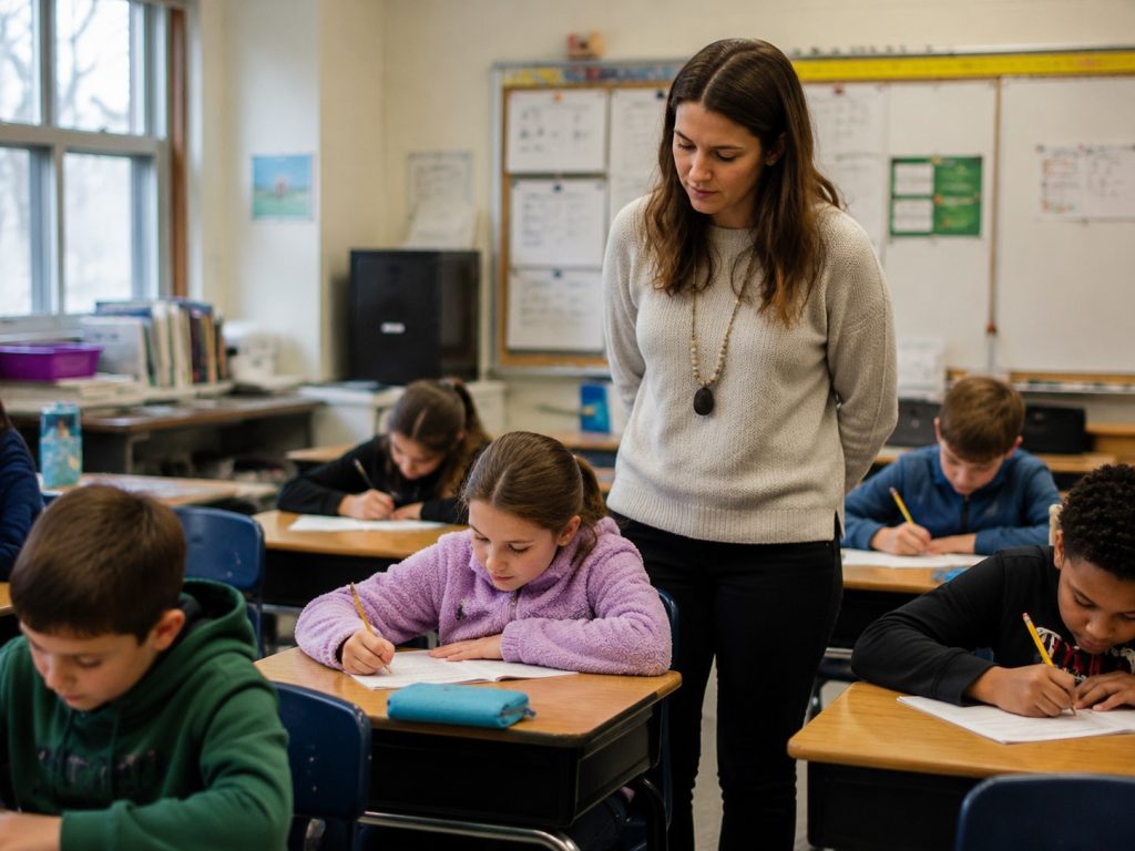 Teacher observing students during a quiet independent reading period in an elementary classroom