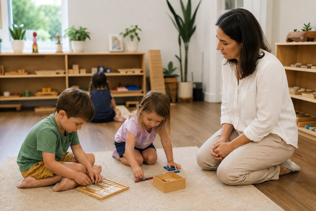 Teacher observing children engaged in creative toys for kids during classroom free play