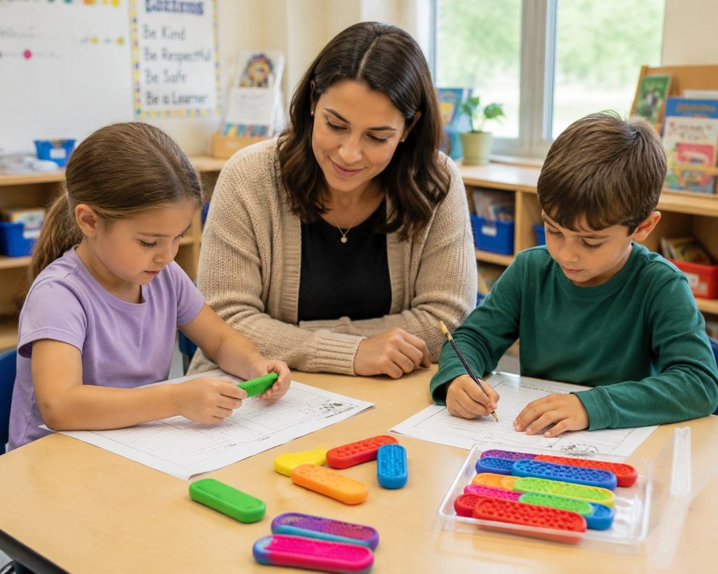 Teacher supporting children using sensory toys as embedded classroom tools for focus and emotional regulation