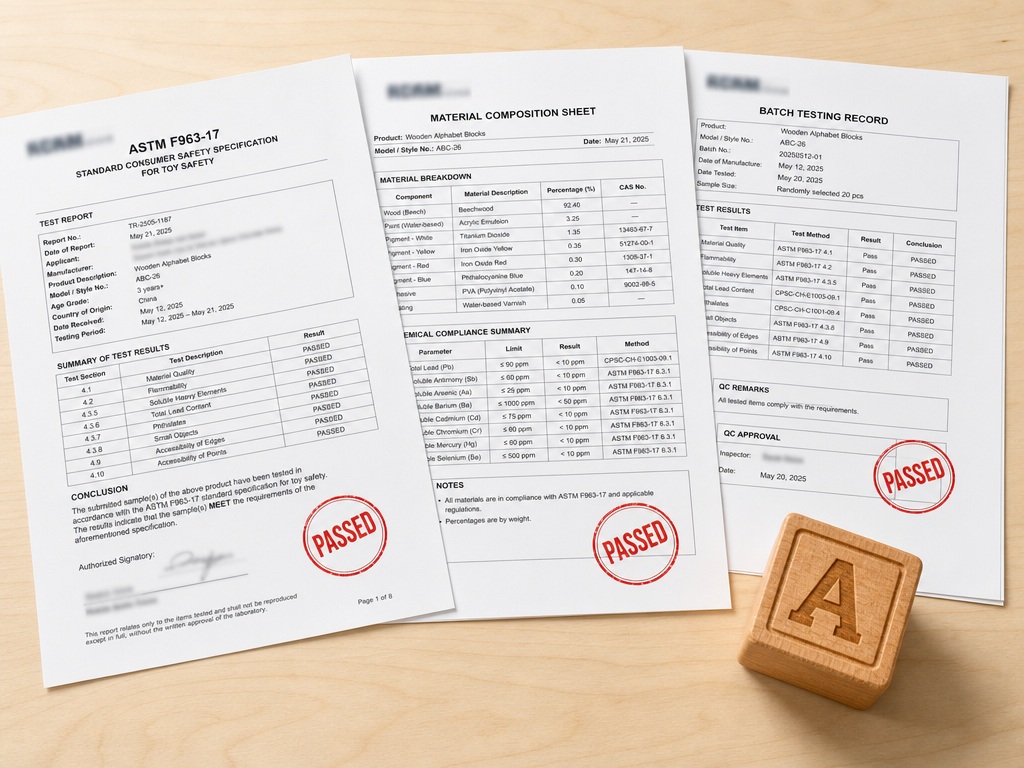 Safety certification documents and testing reports for educational toys showing detailed material specifications