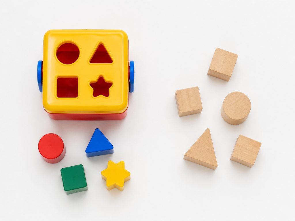 Overhead flat lay comparing a traditional plastic shape sorter with smooth sanded wooden geometric pieces — illustrating the difference between traditional toys and open-ended toys