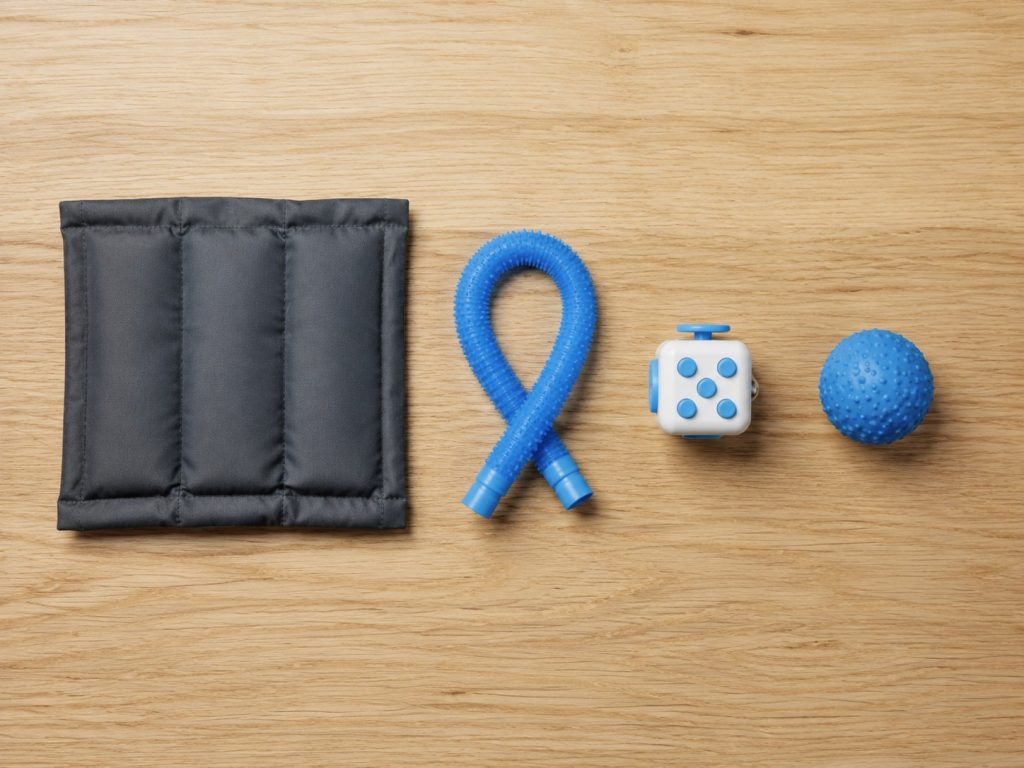 A small set of quiet classroom concentration tools including a textured squeeze toy, fidget slider, and chewable pendant