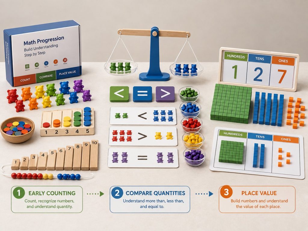 Vindstier learning toys arranged as a developmental progression series for early numeracy education