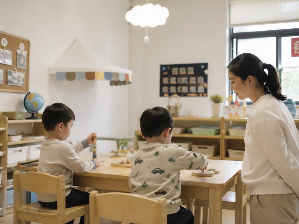 Preschool students engaging in visual motor activities with hand eye coordination toys during small group station time in a classroom.