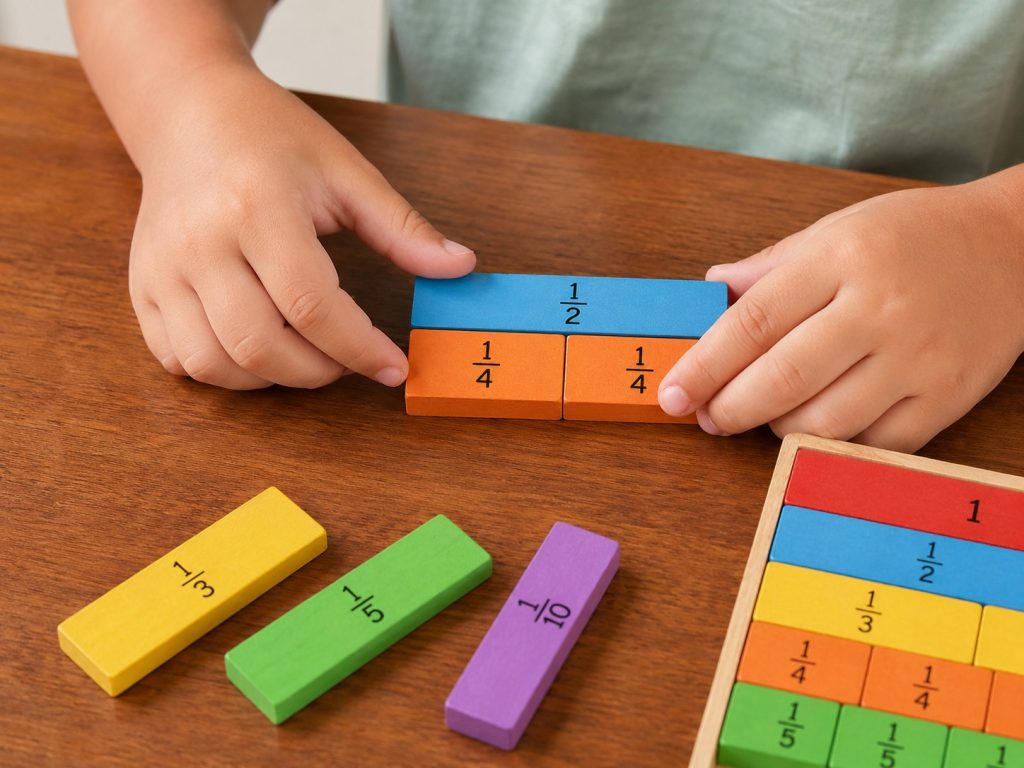 Child using wooden learning toys to explore fraction concepts through hands-on play